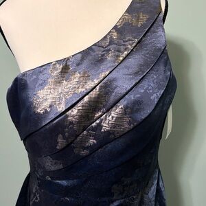 Rene Ruiz One-Shoulder Navy and Gold Evening Gown